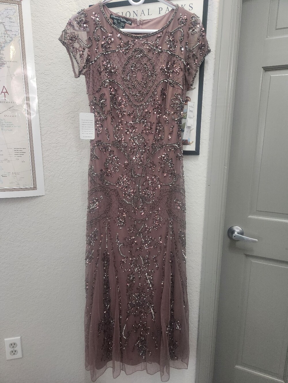 Beaded Mesh Midi Cocktail Dress Pisarro Nights Blush Pink Gown Wedding Size 4